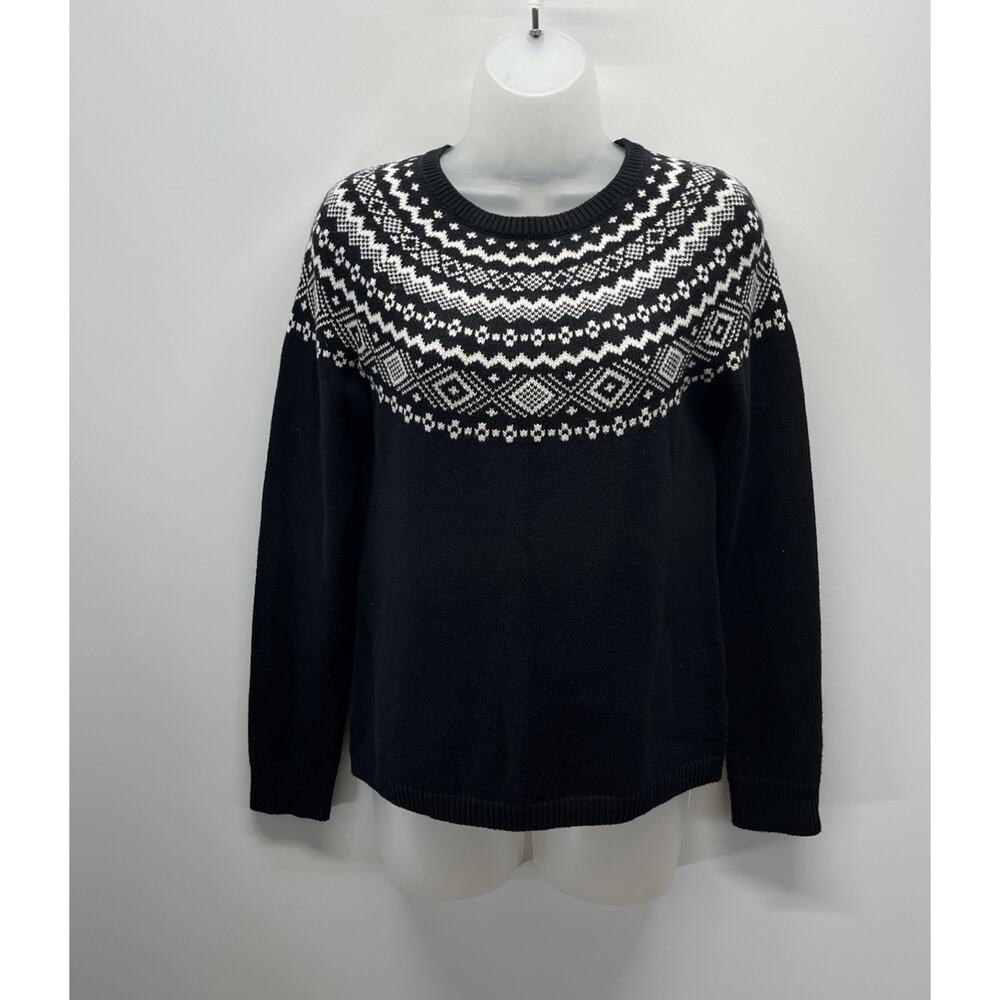 Talbots Nordic Print Sweater Size XS Black White Dolman Sleeves